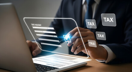 Close up of a person using a laptop with holographic elements, symbolizing tax analysis and financial data, digital interface overlay.