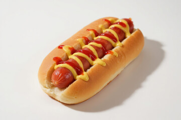 Delicious golden hot dog with red sausage topped with yellow mustard and ketchup in wavy pattern on white background, fast food concept.
