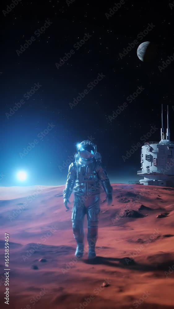 Poster 3d render of astronaut walking on red alien planet surface near base