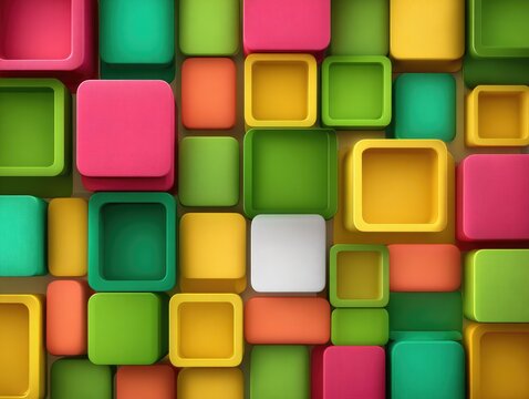 Colorful, 3D rendered square blocks, various sizes, nested and overlapping