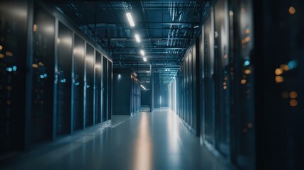 Dark Server Room Interior With Perspective