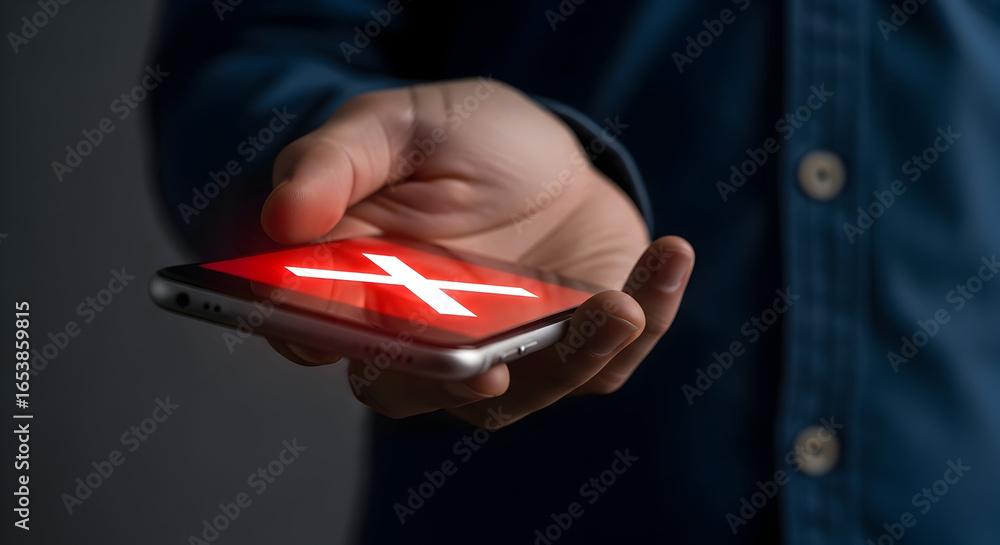 Poster a close-up shot of a person's hand holding a mobile device with an illuminated, red 'x' icon display