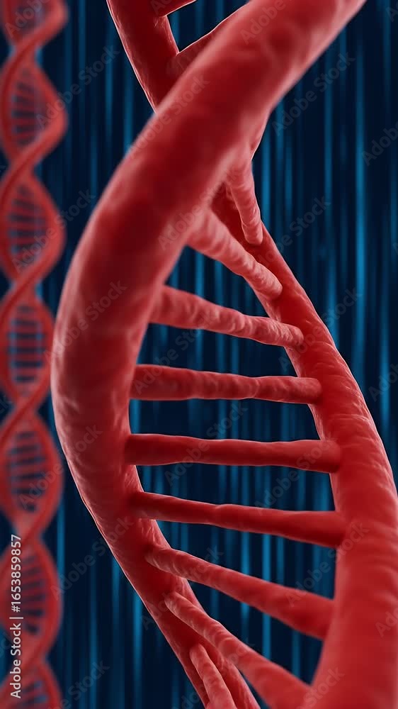 Poster 3d render of red dna double helix structure blue background