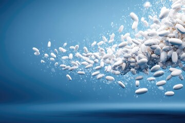 White pills in motion against a blue background