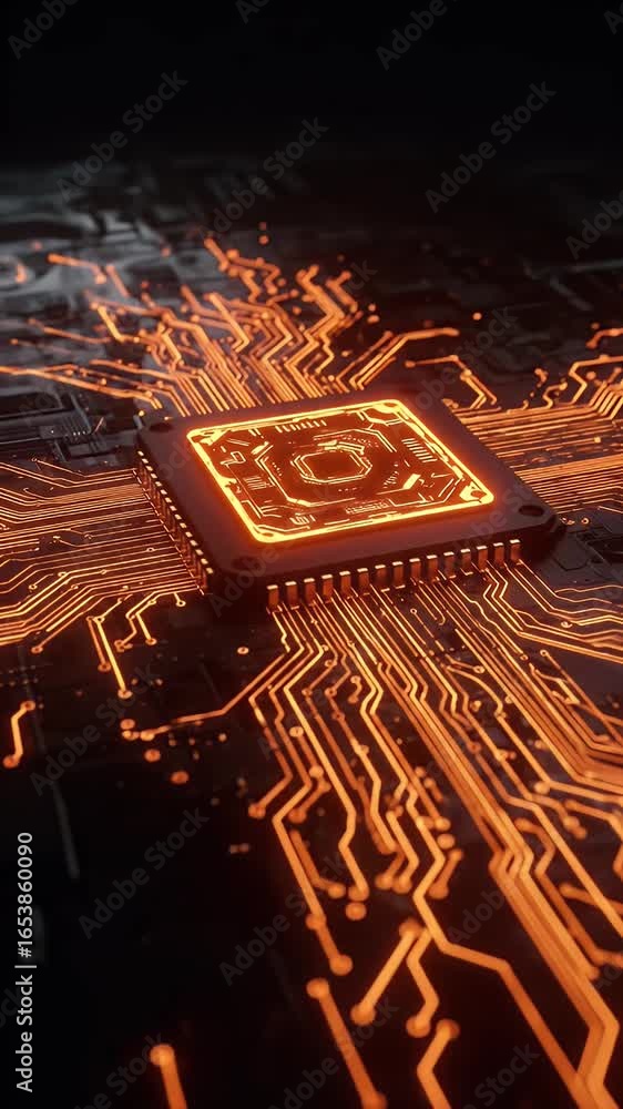 Poster 3d rendering abstract glowing orange circuit board digital tech background