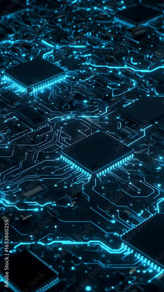 Poster 3d rendering circuit board macro view blue glowing digital technology