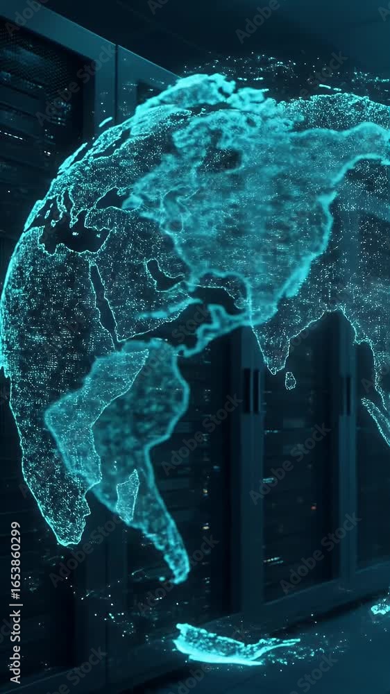 Poster 3d rendering data server with glowing digital earth globe