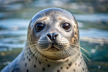 Close up portrait of a curious harbor seal s face