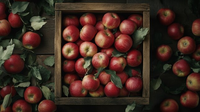 80.Top-down view of a wooden box overflowing with ripe red apples, scattered leaves adding a natural touch against a clean background