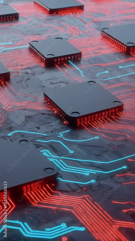 Poster 3d rendering of advanced circuit board with neon blue and red glowing components