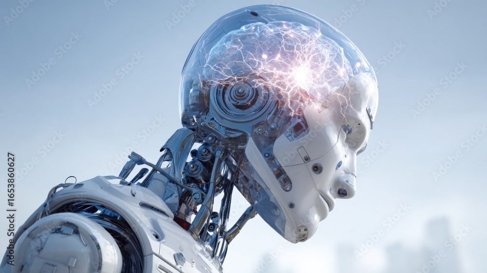 Poster a robot with a brain and a face. the robot is made of metal and has a futuristic look. the brain is 