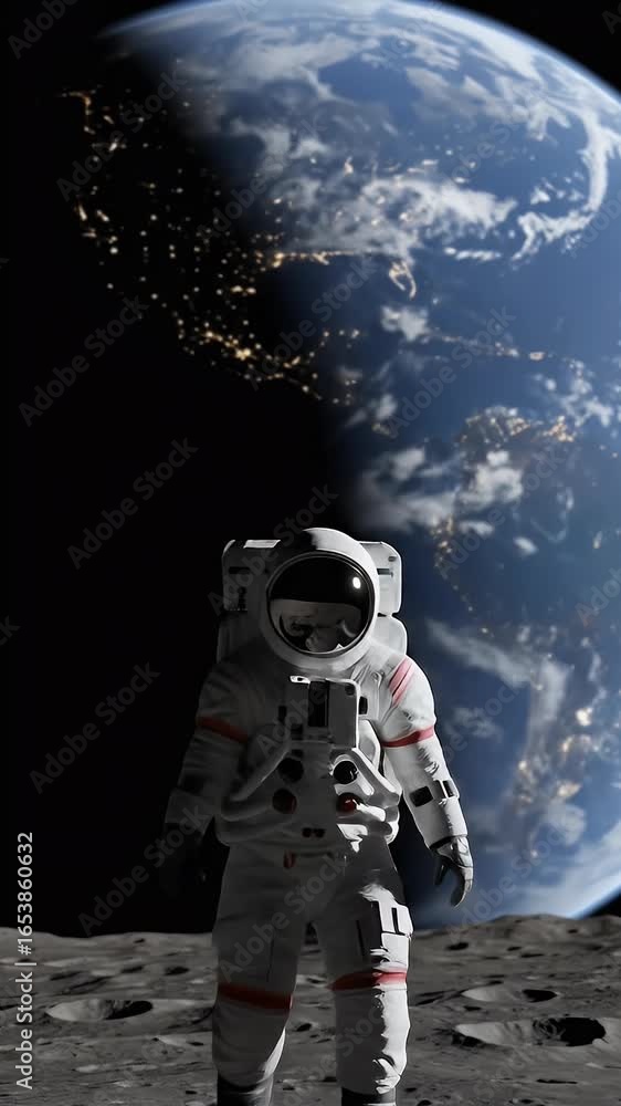 Poster 3d rendering of astronaut standing on moon surface with earth view