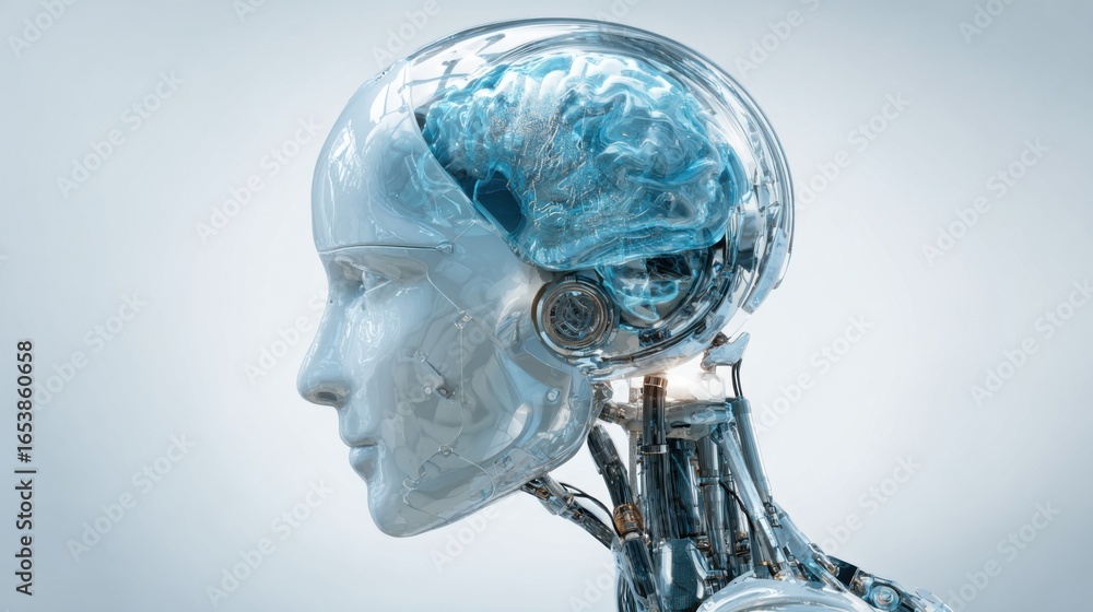Poster a robot head with a brain inside of it. the robot head is made of metal and has a blue brain inside 