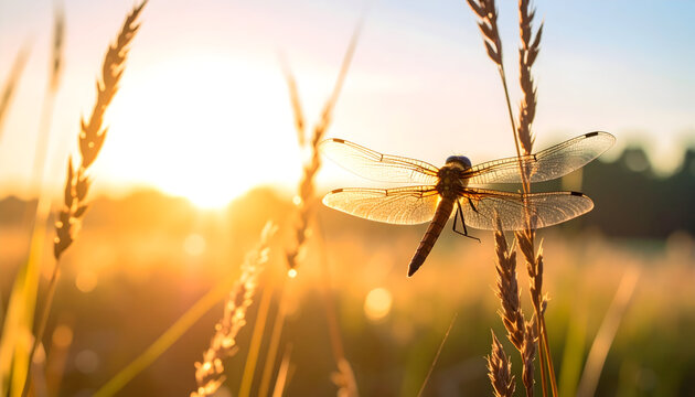 Close Up View Of Dragonfly Resting On Tall Grass Illuminated By Sunlight Against Blurred Background
