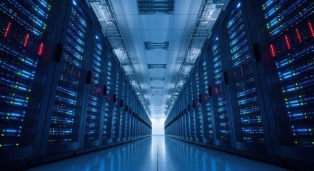 Futuristic Data Center Server Room with Glowing Blue Lights and Endless Racks