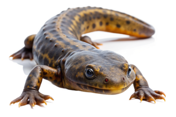 Close up of a crested newt against a black background