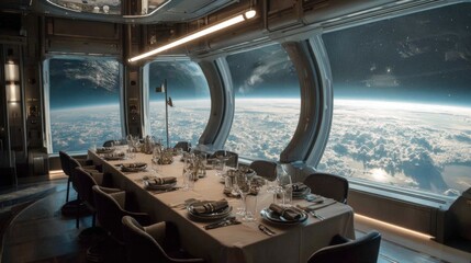 Fototapeta premium A table with a lot of plates and silverware is set up in a restaurant. The table is surrounded by chairs and the view outside is of a cloudy sky