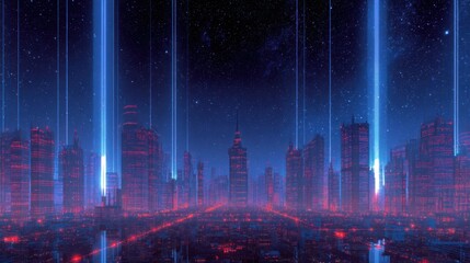 Obraz premium A cityscape with a bright blue sky and a cityscape with a bright blue sky. The cityscape is lit up with neon lights and the sky is filled with stars. Scene is one of excitement and wonder