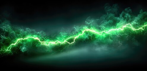 Green lightning crackles through dark, smoky clouds