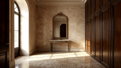Fototapeta premium An elegant dressing room with ornate gold-framed mirror, a marble vanity, and dark wood cabinets.