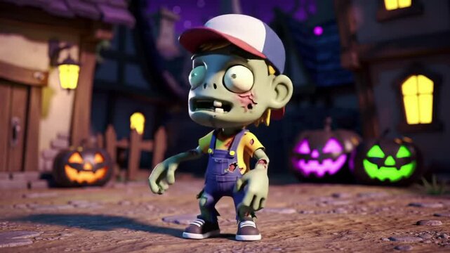 A green zombie cartoon character wearing a cap stands on a spooky street at night with jack-o-lanterns in a haunted town evoking a Halloween atmosphere with a mix of fear and