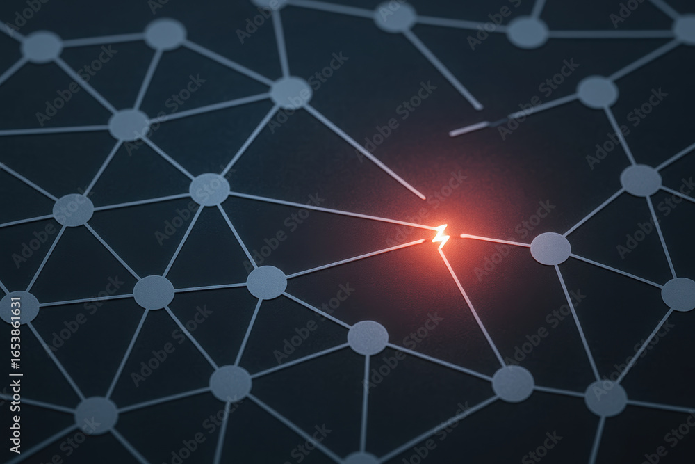 Poster power outage concept with network connection disruption symbolized by glowing broken link on dark ba