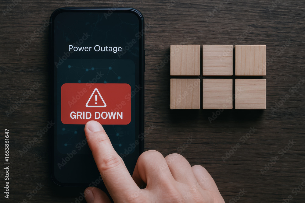Poster power outage alert on smartphone screen with finger pressing grid down button indicating electrical 