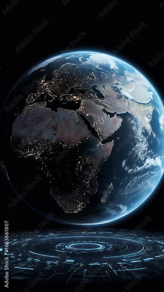 Poster abstract 3d animation of earth rotating at night with digital grid below
