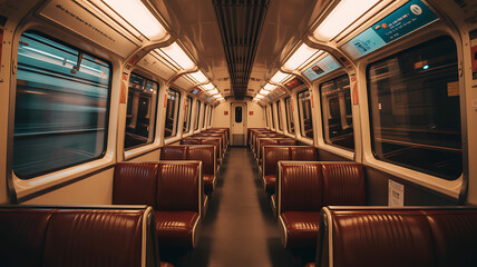 A quiet subway train is nearly empty during the early morning hours. The vintage red leather seats line the aisles as overhead lights illuminate the space.