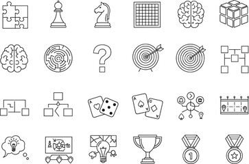 Strategy and logic game icons set including chess, puzzles, maze, brain, targets, cards, flowcharts, ideas, goals, trophies, and achievement medals