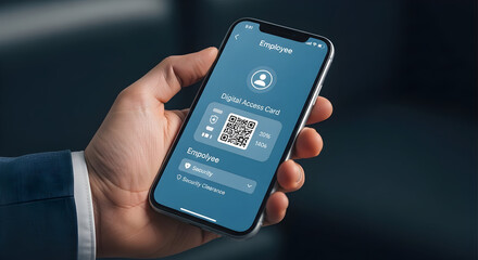 Close-up of a hand holding a smartphone displaying a QR code and a user profile, showcasing modern technology and digital access.