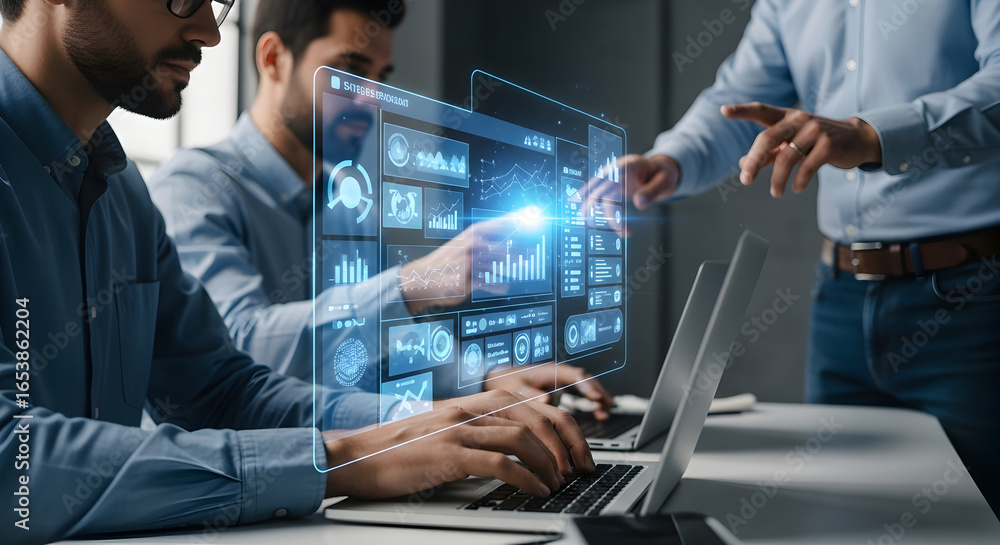 Poster team of professionals collaborating on a project using holographic interface technology, innovative 