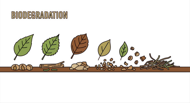 Depicting the biodegradation process of leaves and organic material breaking down from fresh leaves to compost on brown soil ideal to illustrate environmental science and natural decomposition.