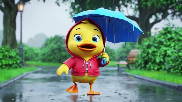 A cheerful cartoon duckling wearing a red raincoat and hood walks on a wet sidewalk under a blue umbrella on a rainy day in a park.