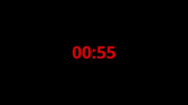 Red color 1 minute timer countdown animation, countdown timer one minute animation from 60s to 0s countdown . One minute countdown timer animation on black background.
