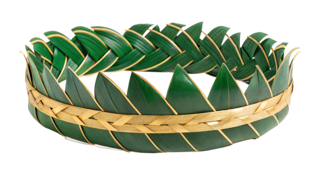 green palm leaf crown adorned with golden ribbons on white background png
