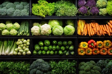Fresh produce overflowing from grocery store shelves.  Colorful vegetables and fruits fill multiple tiers of display cases