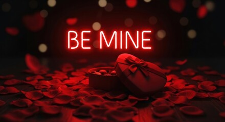 Romantic Valentine's Day Presentation: Heart-shaped Box and Rose Petals with Glowing Neon Text