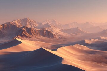 Stunning desert landscape at sunrise with rolling dunes and majestic mountains bathed in warm golden light