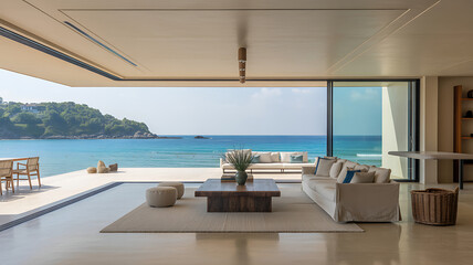 Fototapeta premium Spacious living area features modern furniture, inviting decor, and breathtaking views of the clear blue ocean and beach, creating a serene coastal atmosphere.