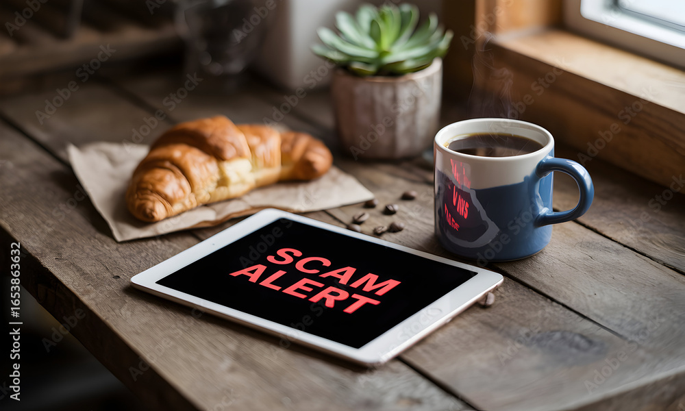 Poster scam alert warning message displayed on a tablet screen, next to a coffee cup and pastry on a rustic