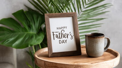 A wooden frame with the words Happy Father's Day written on it. A mug is sitting on a wooden table next to the frame