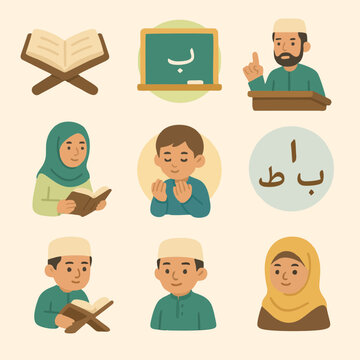 Ilustrasi vektor flat art anak-anak Muslim belajar membaca Al-Qur&rsquo;an dan huruf hijaiyah dengan suasana edukatif Islami.
