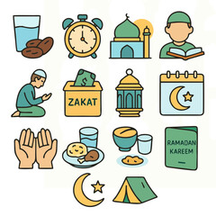 Flat icon set featuring zakat, food, prayer, mosque, crescent, Quran, and Ramadan activities.