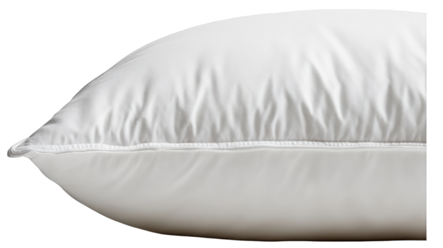 Fluffy white bed pillow with soft cotton fabric and piped seam detail.