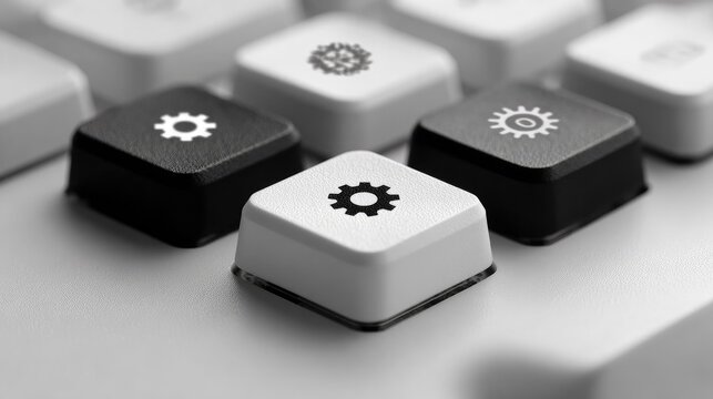 Close-up of three keyboard keys with gear icons