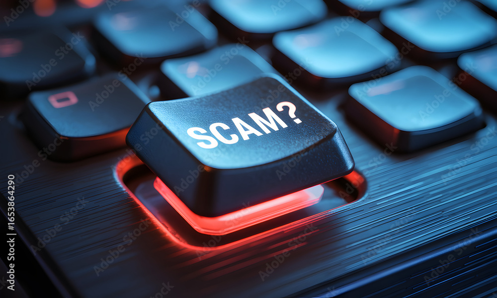 Poster close-up of a keyboard key with the word 'scam?' on it, illuminated with red light, symbolizing onli