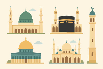 Flat illustration of famous mosque landmarks around the world in minimal style.