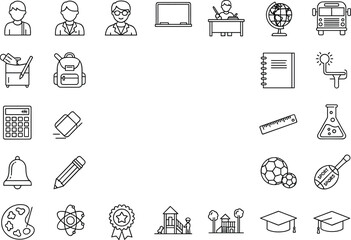 Collection of school education icons including student, teacher, classroom, backpack, calculator, ruler, sports, science, art, graduation cap, playground, bus, notebook, and globe