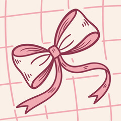 Vector art of cute pink bow ribbon decoration on a grid background isolated on white background